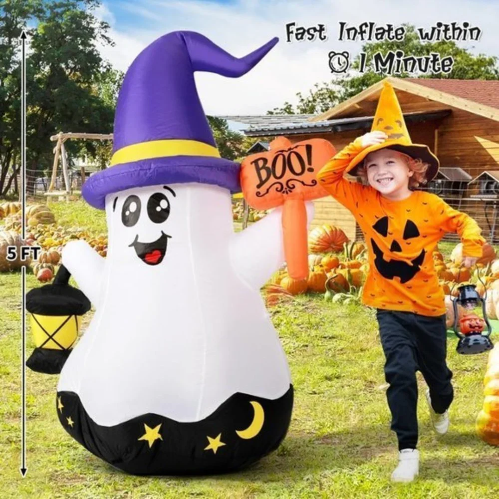 Home Decor 5 Foot Halloween Inflatable White Wizard Ghost‎ with Hand Held Light